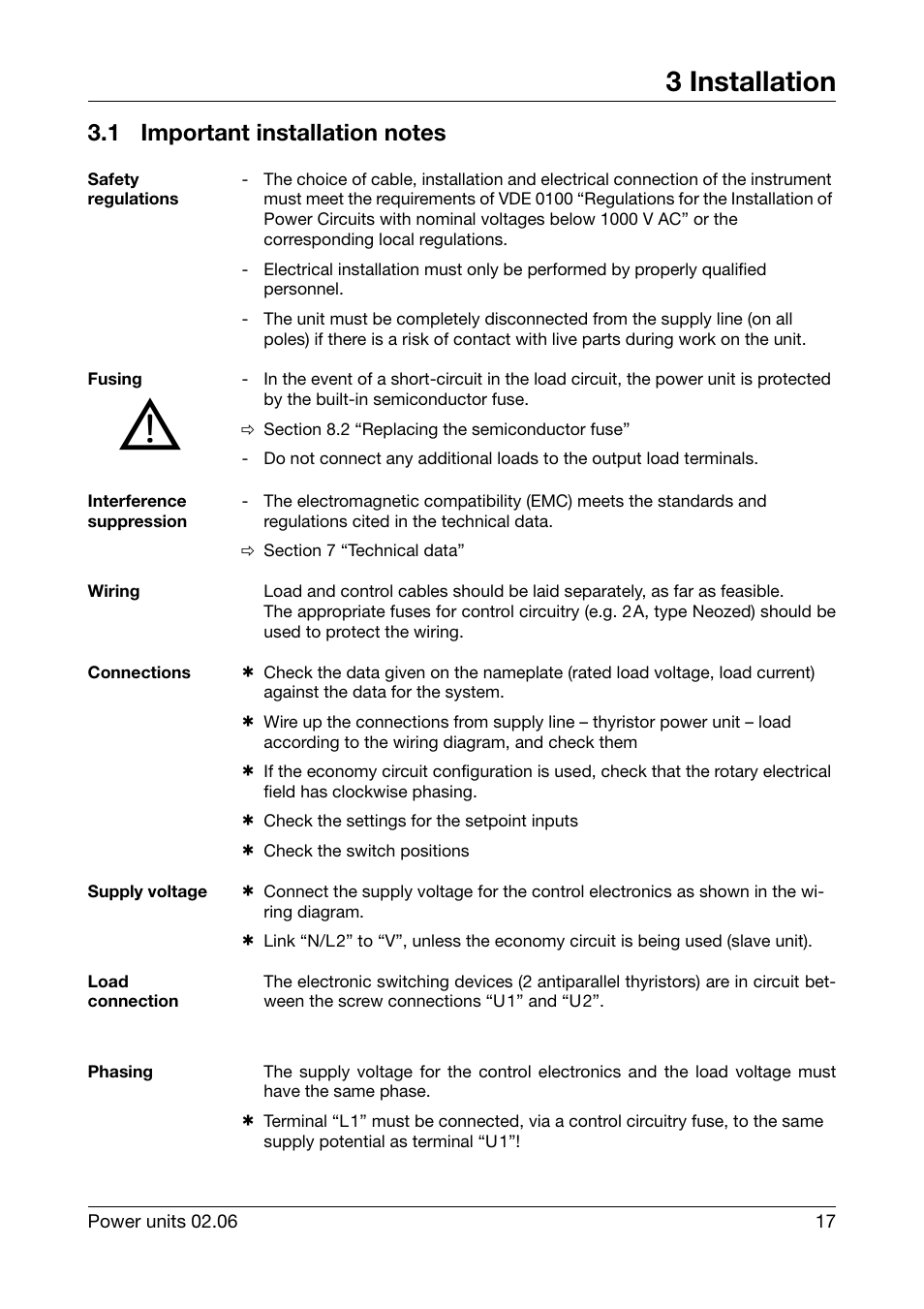 3 installation, 1 important installation notes, Safety regulations | Fusing, Interference suppression, Wiring, Connections, Supply voltage, Load connection, Phasing | JUMO 709040 TYA-110 thyristor power unit Operating Manual User Manual | Page 17 / 56