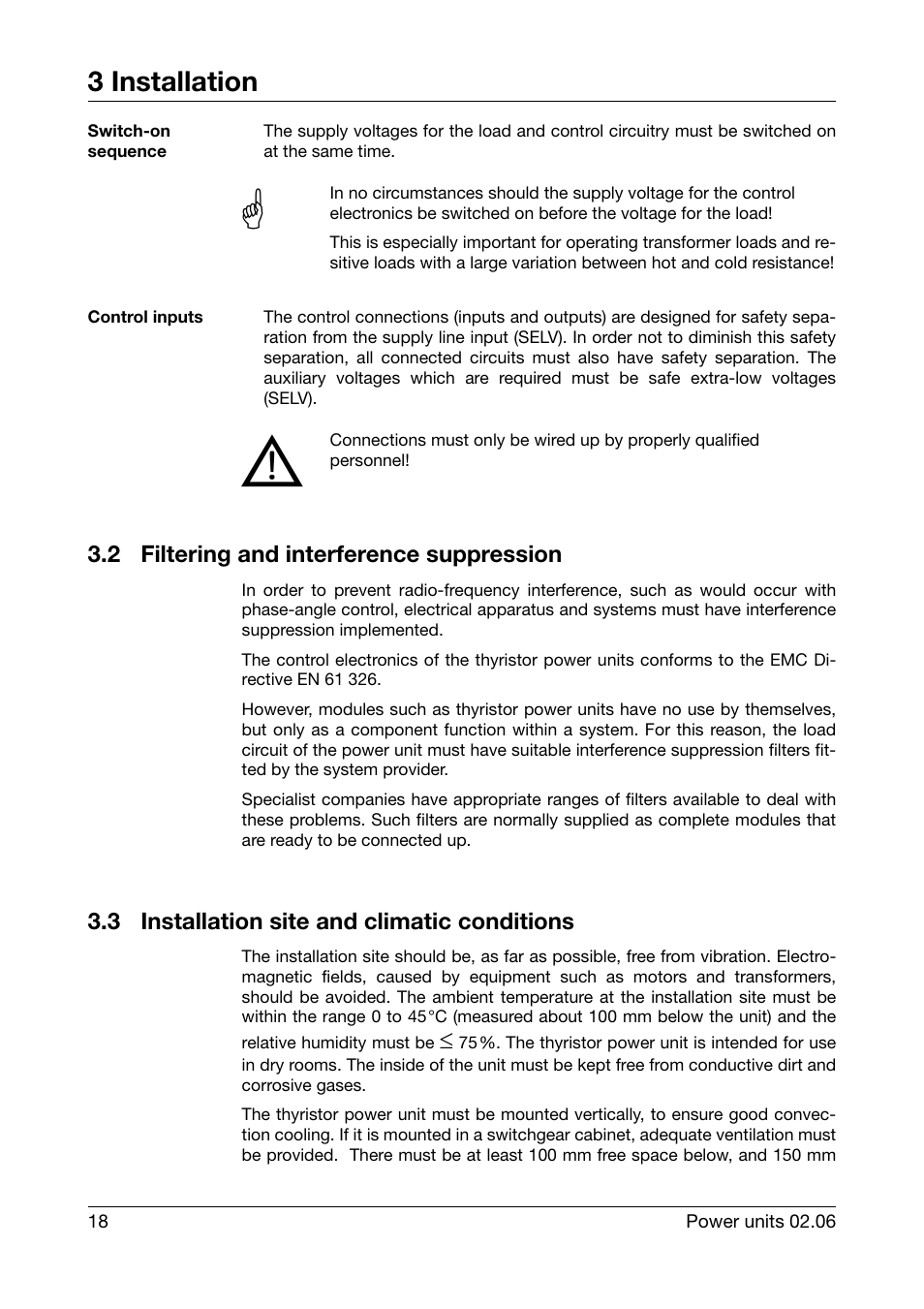 Switch-on sequence, Control inputs, 2 filtering and interference suppression | 3 installation site and climatic conditions, Filtering and interference suppression, Installation site and climatic conditions, 3 installation | JUMO 709040 TYA-110 thyristor power unit Operating Manual User Manual | Page 18 / 56