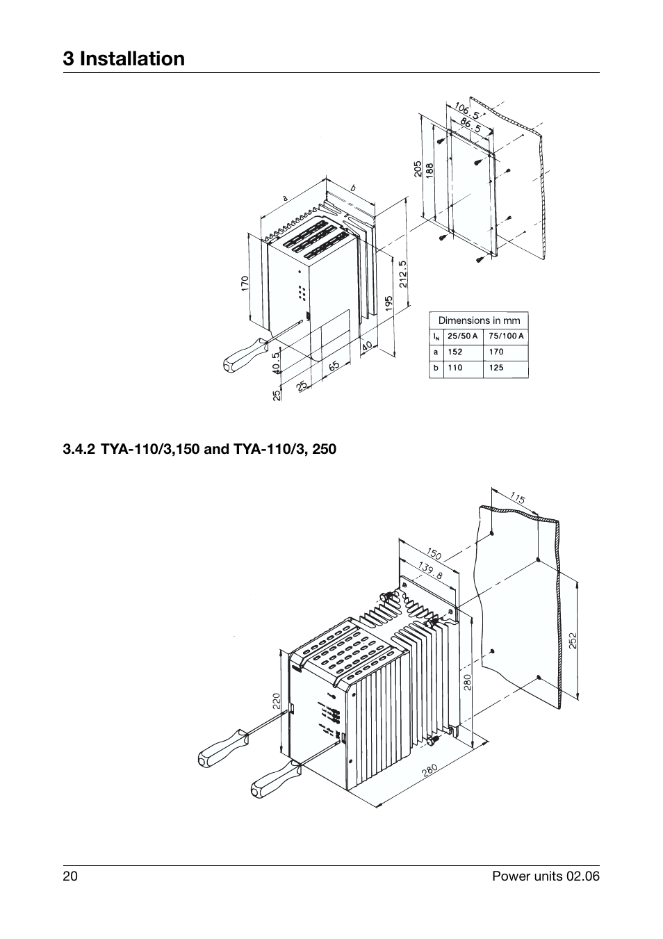 2 tya-110/3,150 and tya-110/3, 250, 3 installation | JUMO 709040 TYA-110 thyristor power unit Operating Manual User Manual | Page 20 / 56