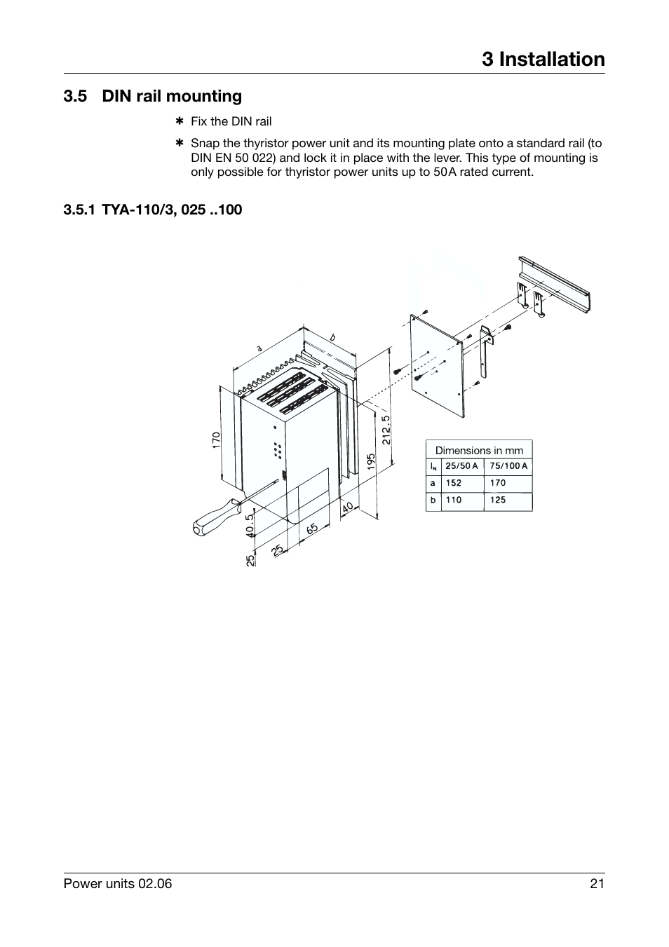 5 din rail mounting, 1 tya-110/3, 025, Din rail mounting | 3 installation | JUMO 709040 TYA-110 thyristor power unit Operating Manual User Manual | Page 21 / 56