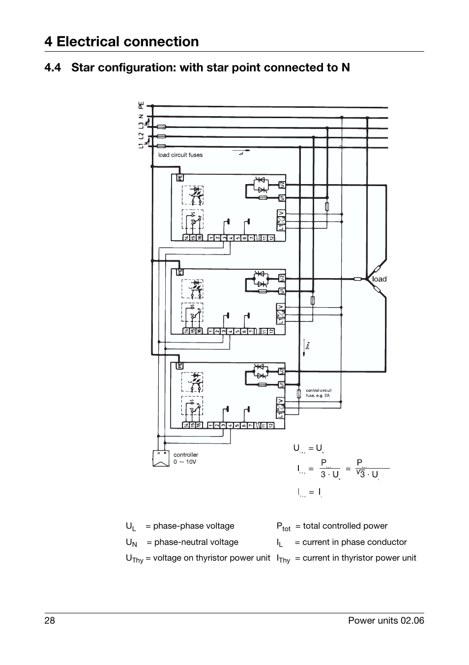 Star configuration: with star point connected to n, 4 electrical connection | JUMO 709040 TYA-110 thyristor power unit Operating Manual User Manual | Page 28 / 56