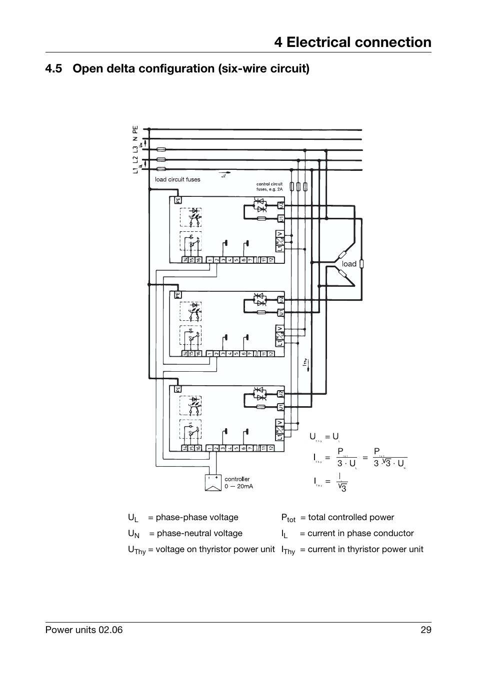 5 open delta configuration (six-wire circuit), Open delta configuration (six-wire circuit), 4 electrical connection | JUMO 709040 TYA-110 thyristor power unit Operating Manual User Manual | Page 29 / 56