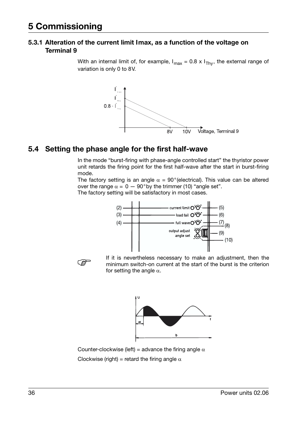 4 setting the phase angle for the first half-wave, Setting the phase angle for the first half-wave, 5 commissioning | JUMO 709040 TYA-110 thyristor power unit Operating Manual User Manual | Page 36 / 56