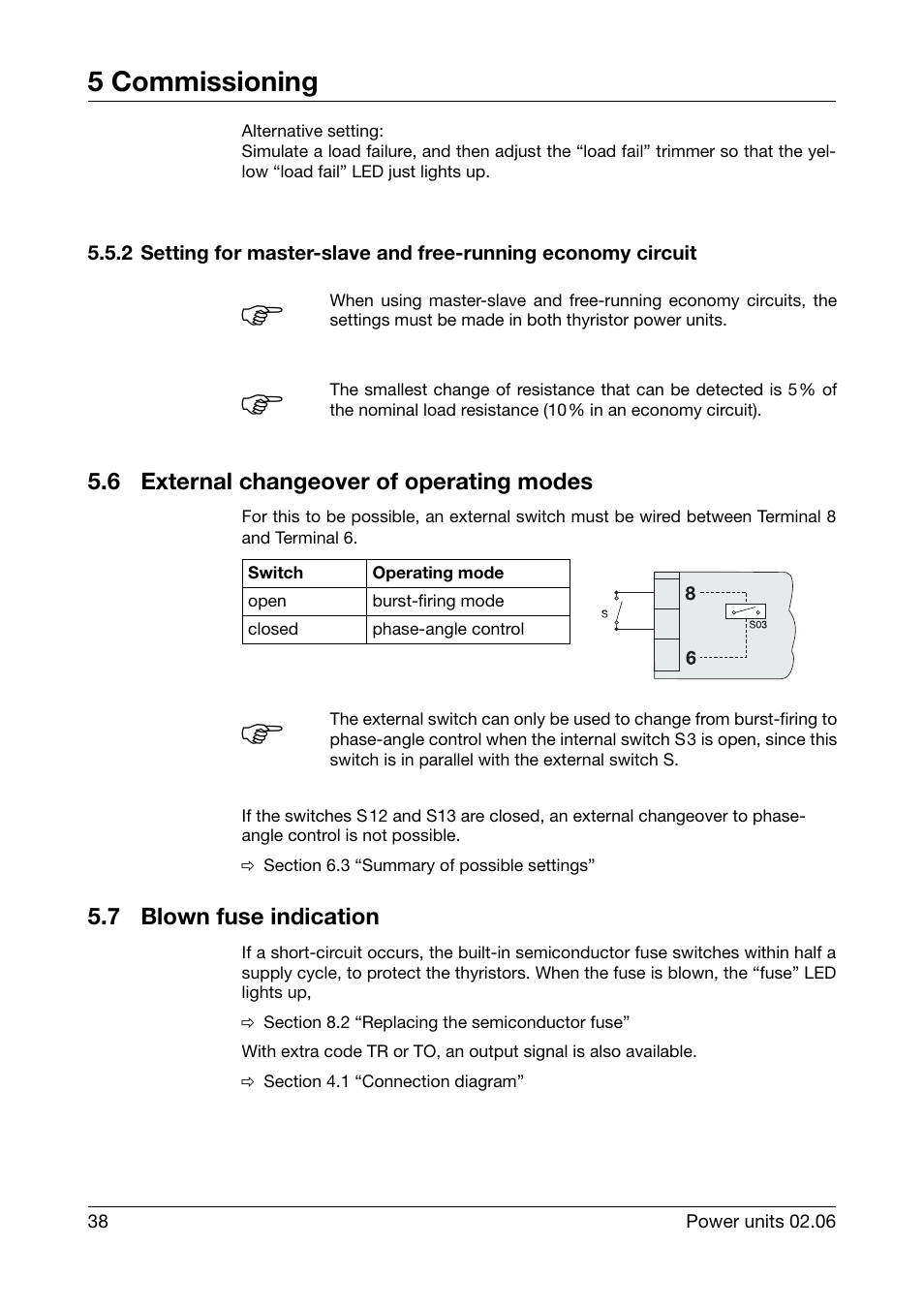 6 external changeover of operating modes, 7 blown fuse indication, 2 setting for master | External changeover of operating modes, Blown fuse indication, 5 commissioning | JUMO 709040 TYA-110 thyristor power unit Operating Manual User Manual | Page 38 / 56