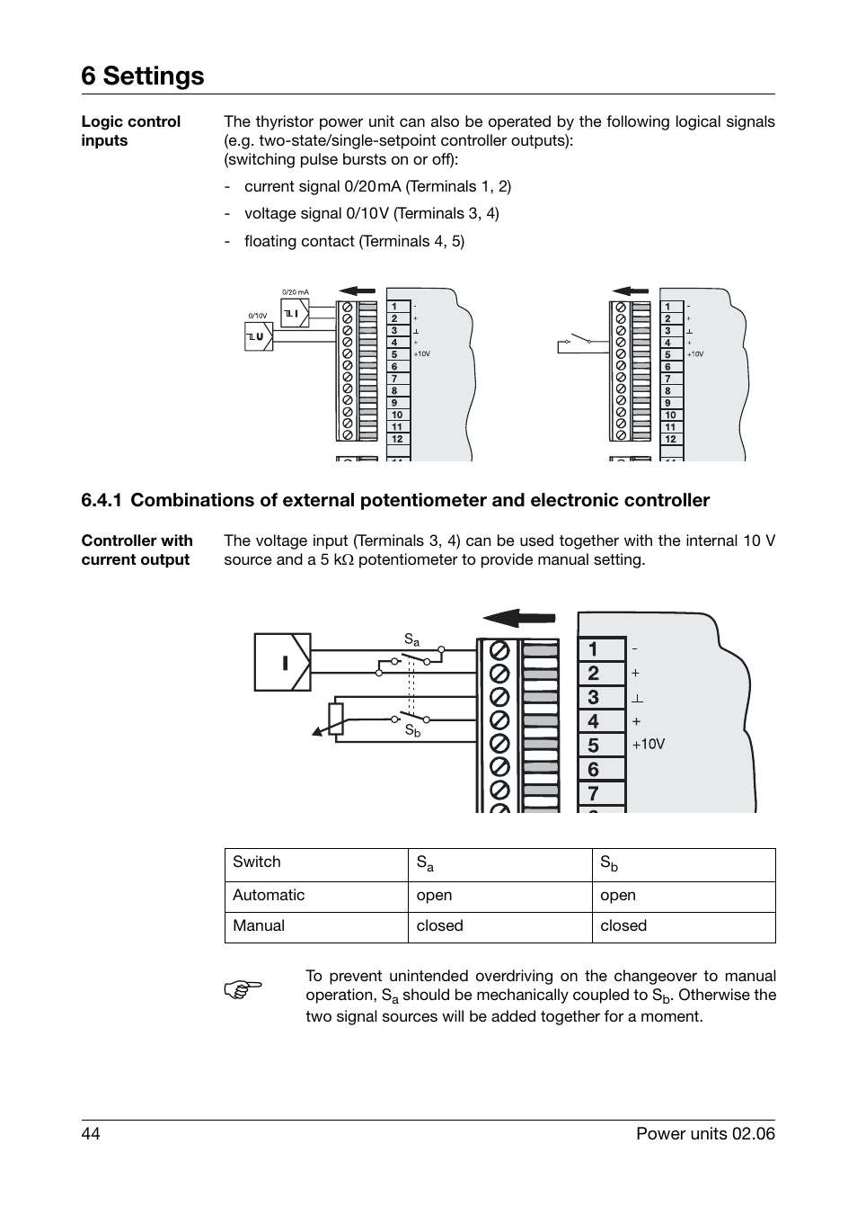 Logic control inputs, Controller with current output, 6 settings | JUMO 709040 TYA-110 thyristor power unit Operating Manual User Manual | Page 44 / 56