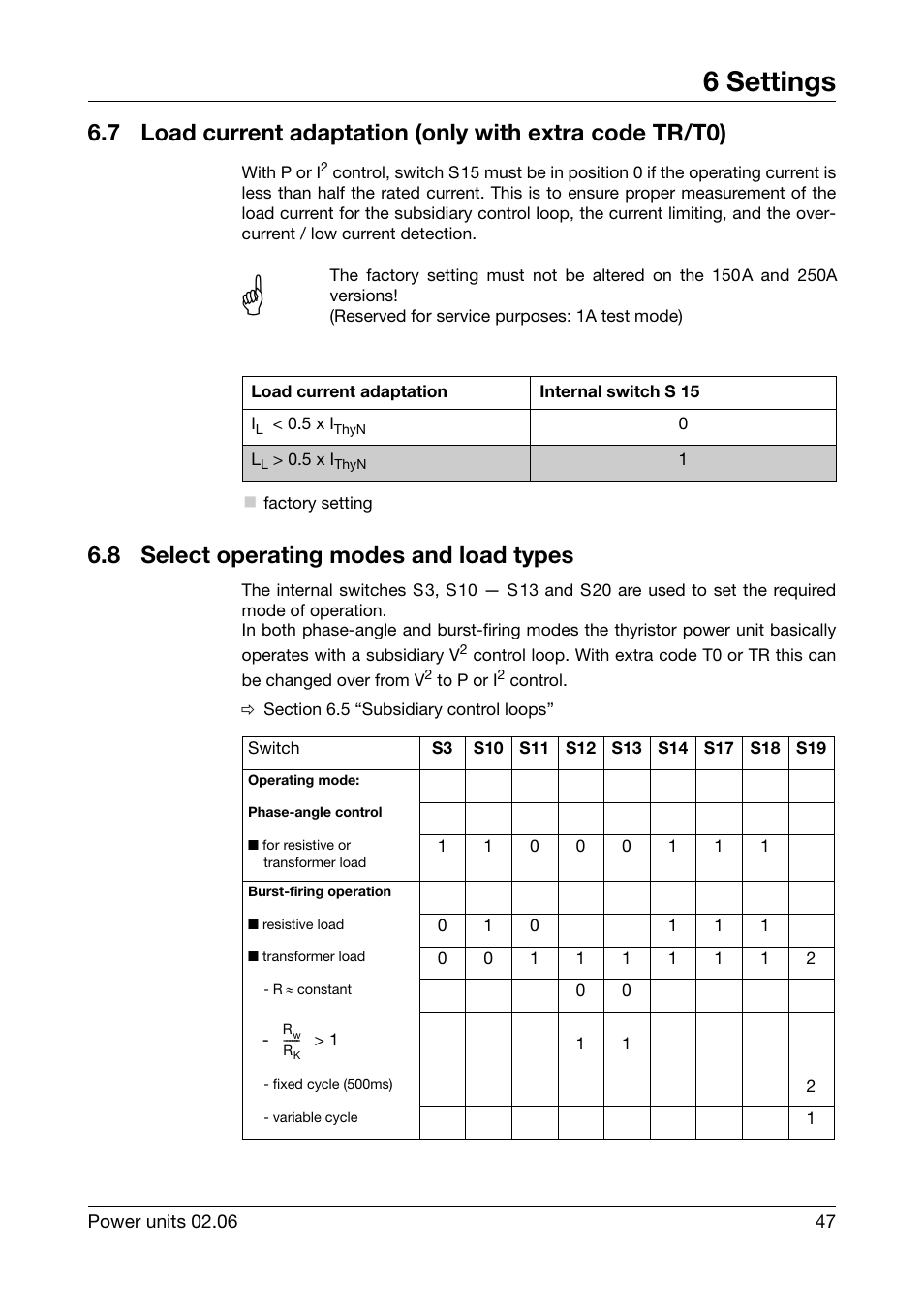 8 select operating modes and load types, Select operating modes and load types, 6 settings | JUMO 709040 TYA-110 thyristor power unit Operating Manual User Manual | Page 47 / 56