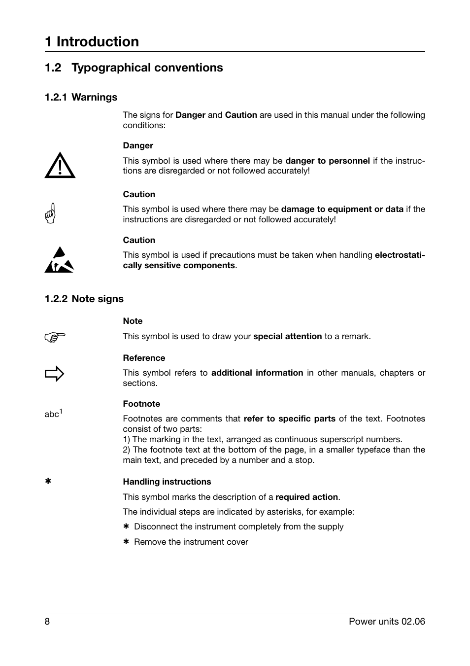 2 typographical conventions, 1 warnings, 2 note signs | Abc1, Typographical conventions, 1 warnings 1.2.2 note signs, 1 introduction | JUMO 709040 TYA-110 thyristor power unit Operating Manual User Manual | Page 8 / 56