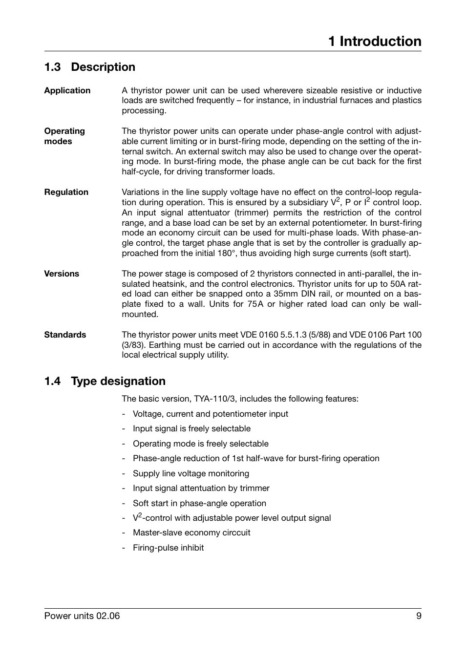 3 description, Application, Operating modes | Regulation, Versions, Standards, 4 type designation, Description, Type designation, 1 introduction | JUMO 709040 TYA-110 thyristor power unit Operating Manual User Manual | Page 9 / 56