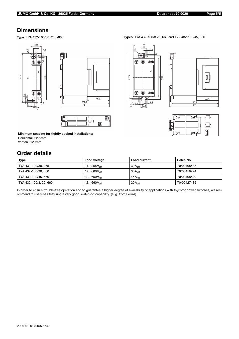 Dimensions order details | JUMO 709020 TYA-432 thyristor power switch Data Sheet User Manual | Page 5 / 5
