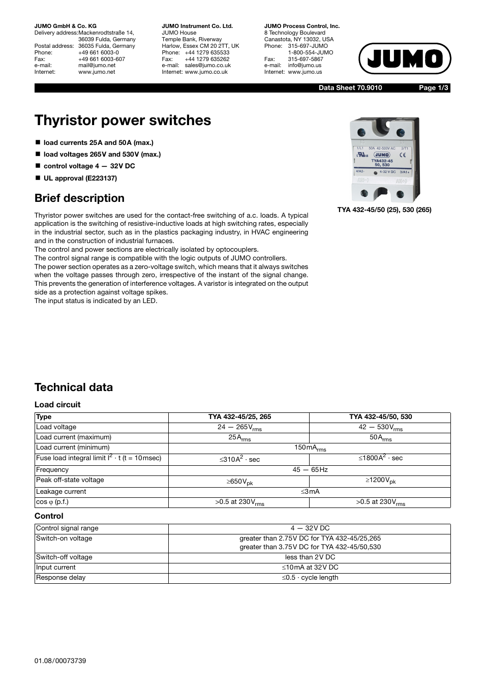 JUMO 709010 TYA-432 thyristor power switch Data Sheet User Manual | 3 pages