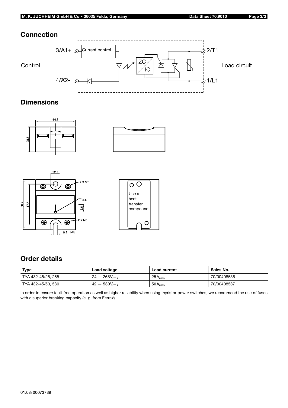 Connection dimensions order details | JUMO 709010 TYA-432 thyristor power switch Data Sheet User Manual | Page 3 / 3