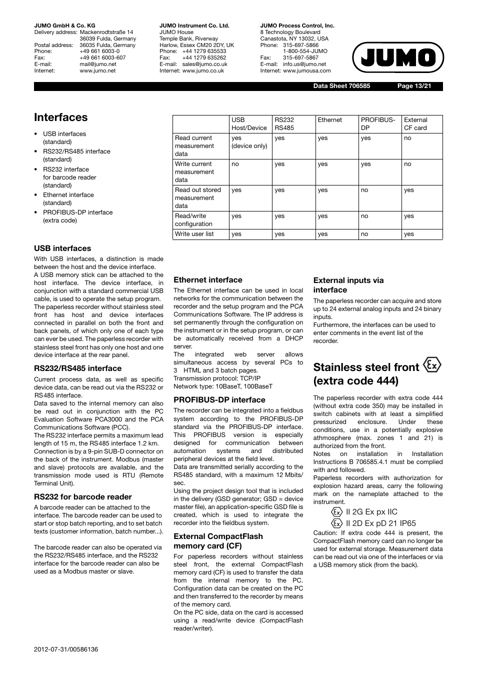 Interfaces, Stainless steel front (extra code 444) | JUMO 706585 LOGOSCREEN fd Data Sheet User Manual | Page 13 / 21