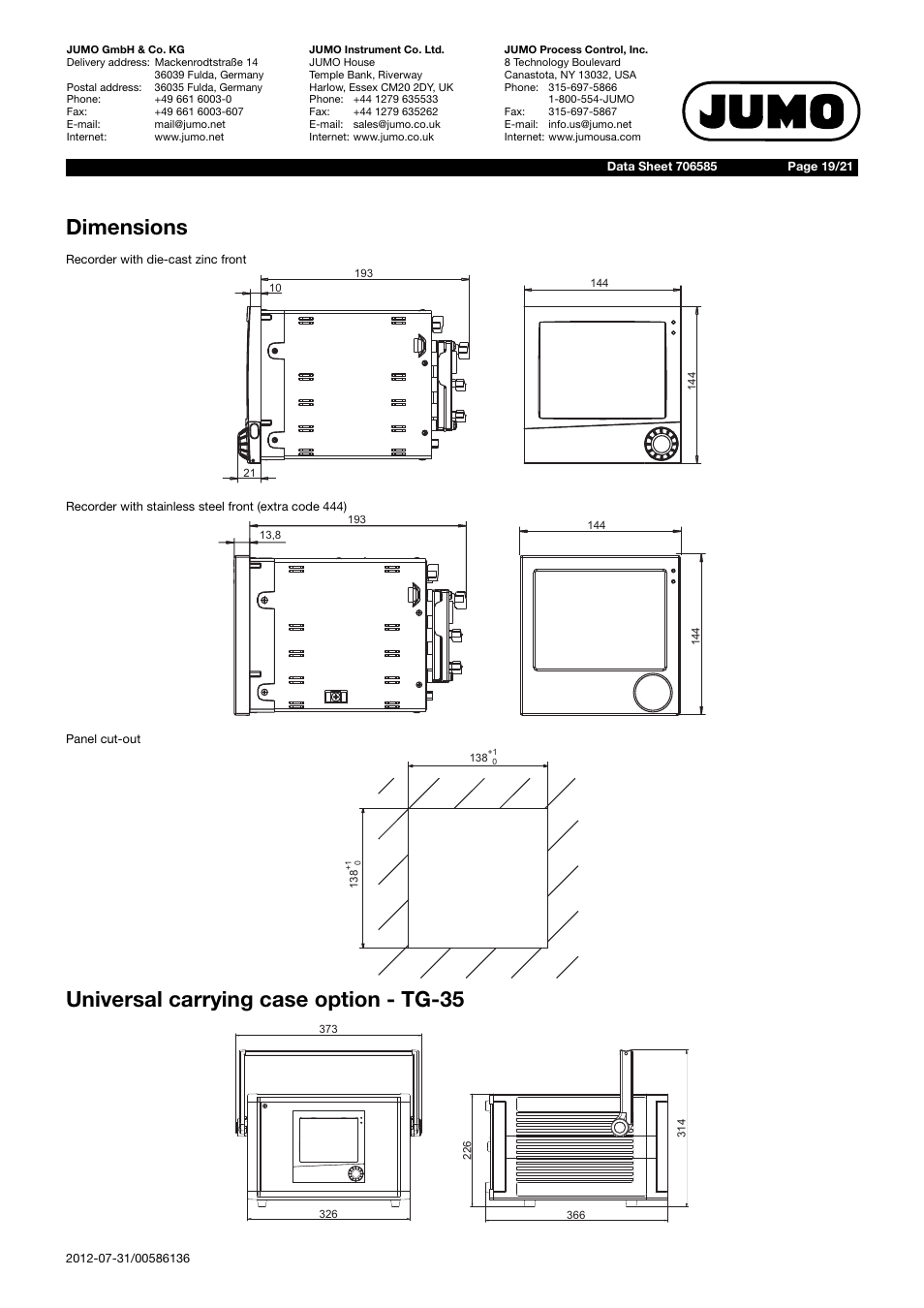 Dimensions, Universal carrying case option - tg-35 | JUMO 706585 LOGOSCREEN fd Data Sheet User Manual | Page 19 / 21