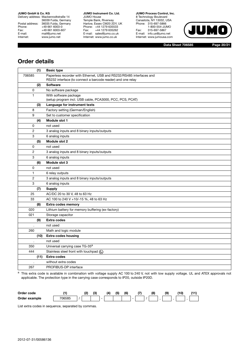 Order details | JUMO 706585 LOGOSCREEN fd Data Sheet User Manual | Page 20 / 21