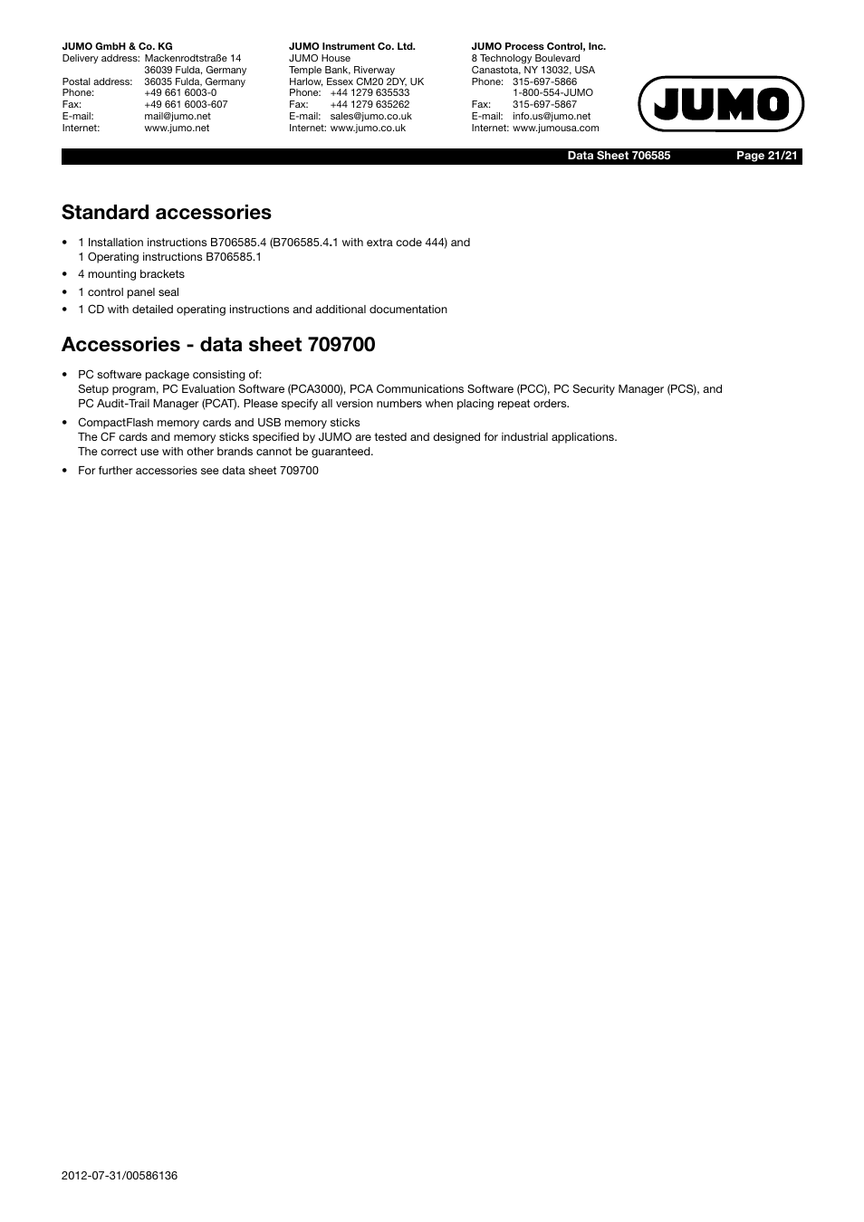 Standard accessories | JUMO 706585 LOGOSCREEN fd Data Sheet User Manual | Page 21 / 21