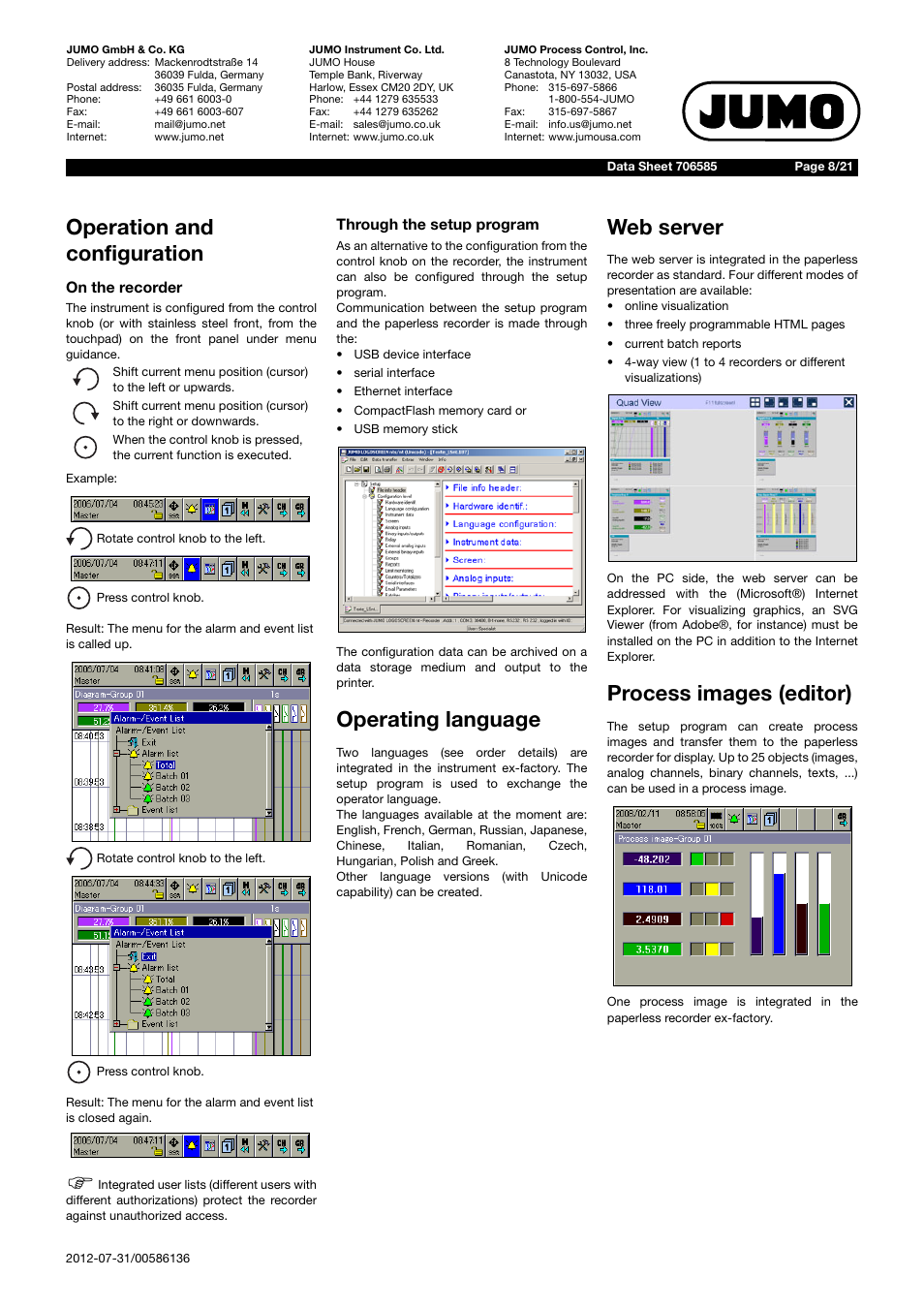 Operation and configuration, Operating language, Web server | Process images (editor) | JUMO 706585 LOGOSCREEN fd Data Sheet User Manual | Page 8 / 21