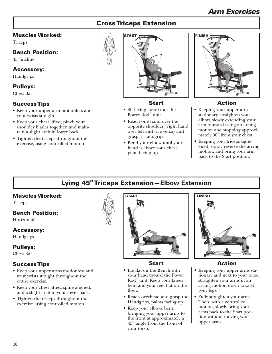 Arm exercises, Cross triceps extension lying 45, Triceps extension —elbow extension | Bowflex Blaze Home Gym User Manual | Page 36 / 80