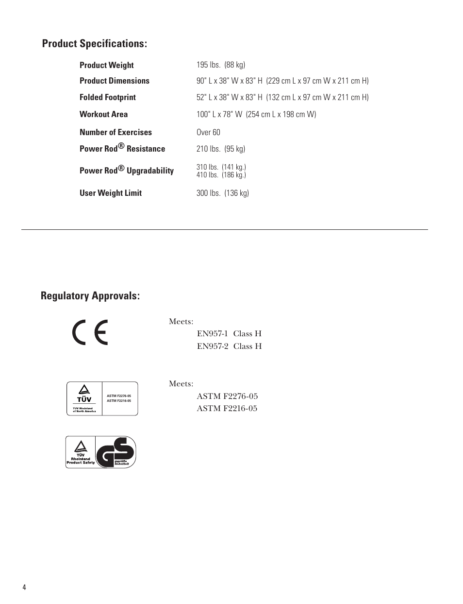 Regulatory approvals, Product specifications | Bowflex Blaze Home Gym User Manual | Page 4 / 80