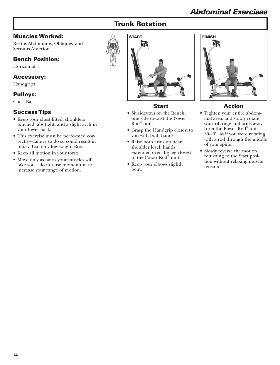 Abdominal exercises, Trunk rotation | Bowflex Blaze Home Gym User Manual | Page 44 / 80