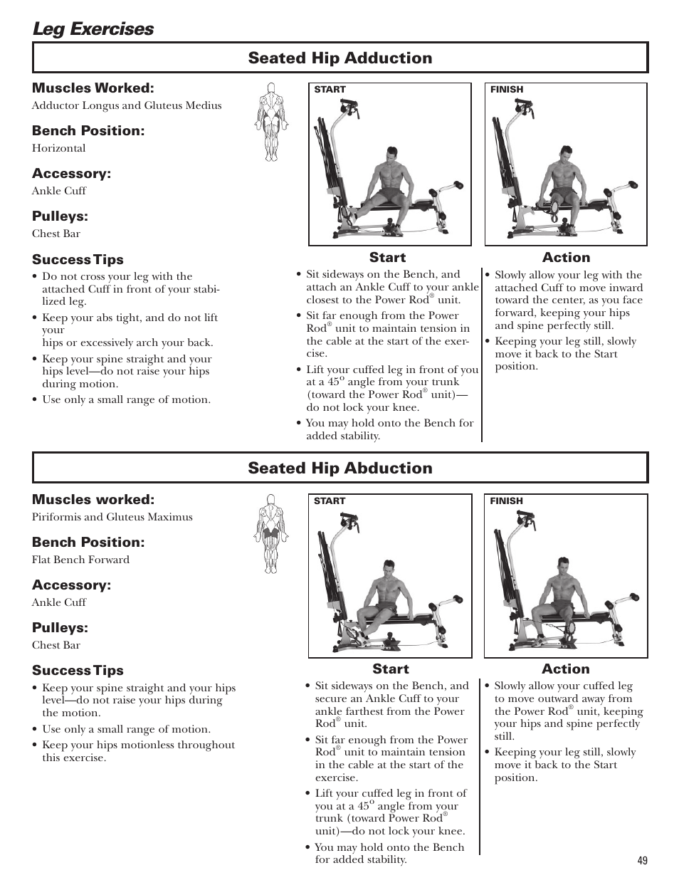 Leg exercises, Seated hip adduction seated hip abduction | Bowflex Blaze Home Gym User Manual | Page 49 / 80