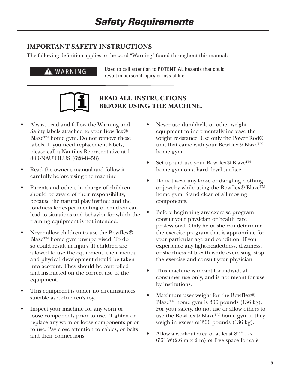Safety requirements | Bowflex Blaze Home Gym User Manual | Page 5 / 80