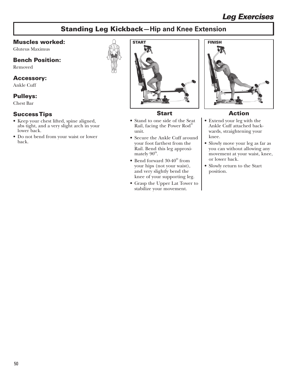 Leg exercises, Standing leg kickback —hip and knee extension | Bowflex Blaze Home Gym User Manual | Page 50 / 80