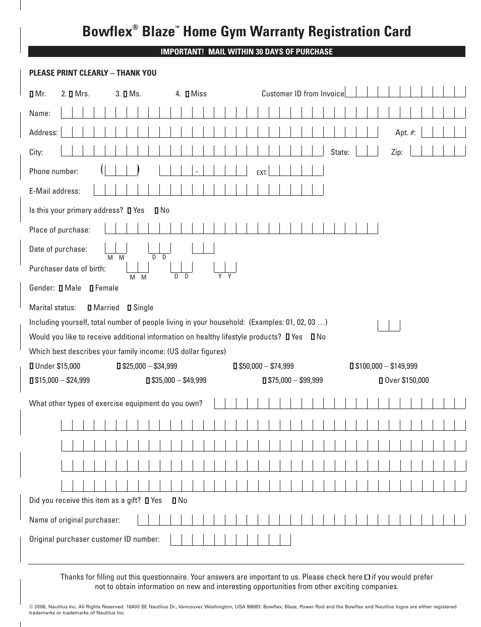 Bowflex, Blaze, Home gym warranty registration card | Bowflex Blaze Home Gym User Manual | Page 55 / 80