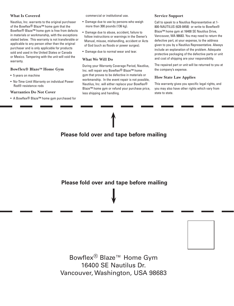 Bowflex, Please fold over and tape before mailing | Bowflex Blaze Home Gym User Manual | Page 56 / 80