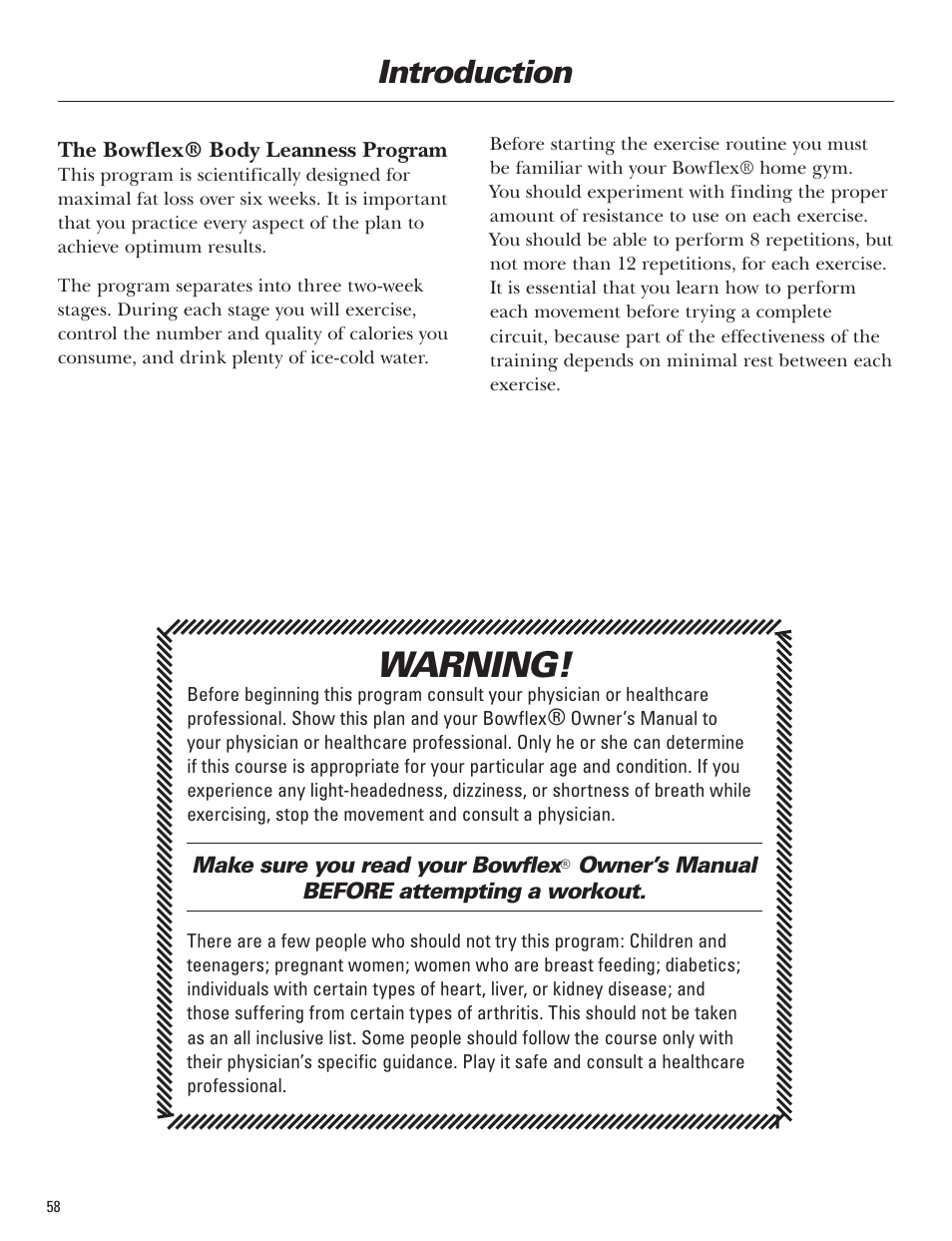 Warning, Introduction | Bowflex Blaze Home Gym User Manual | Page 58 / 80