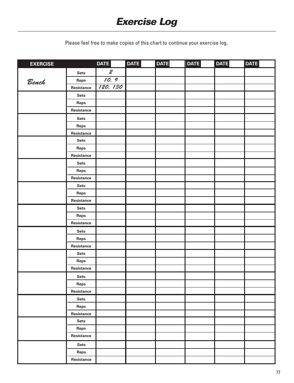 Exercise log, Bench | Bowflex Blaze Home Gym User Manual | Page 77 / 80