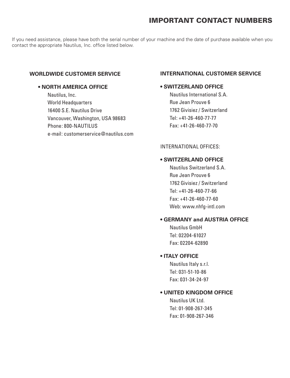 Important contact numbers | Bowflex Blaze Home Gym User Manual | Page 79 / 80