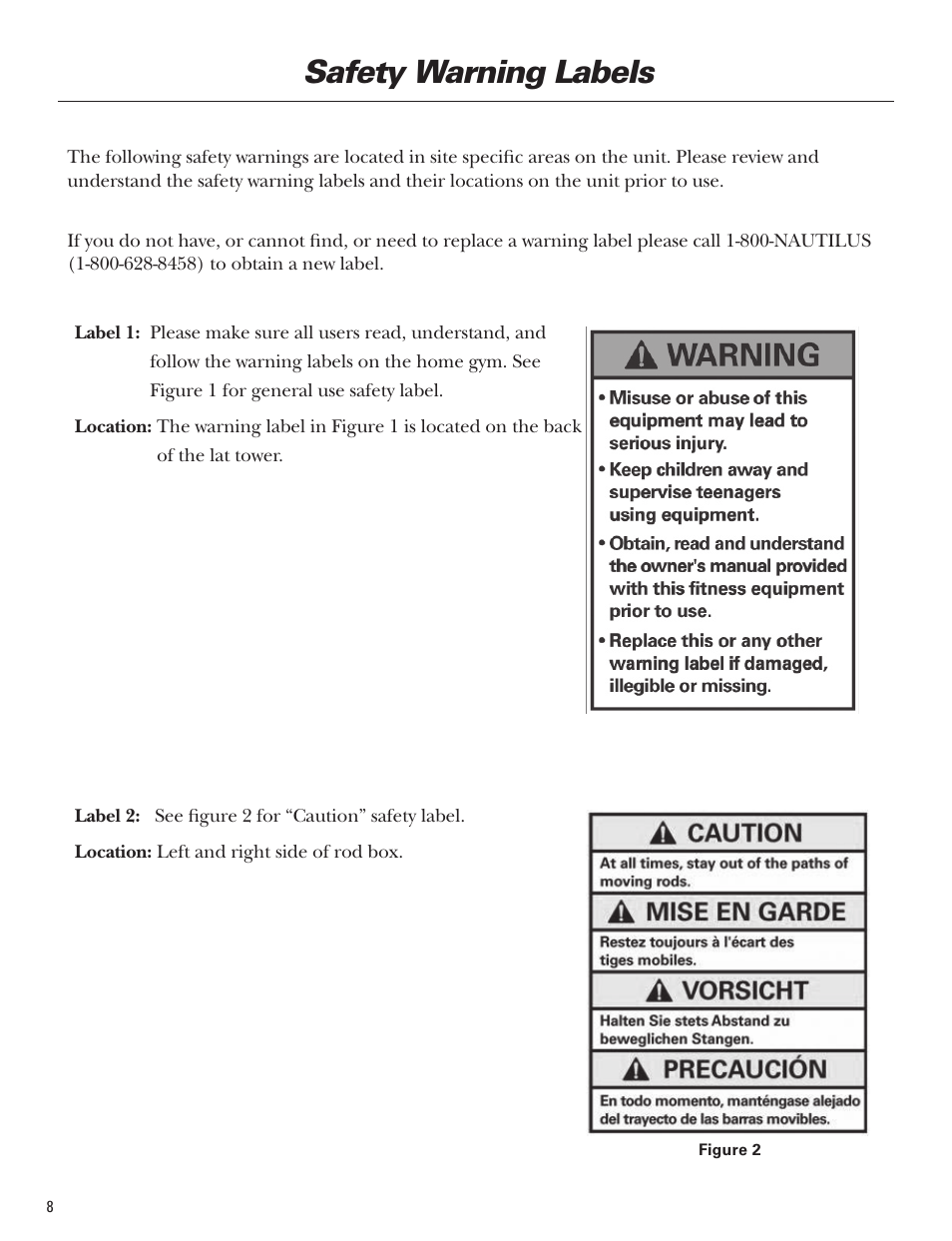 Safety warning labels | Bowflex Blaze Home Gym User Manual | Page 8 / 80