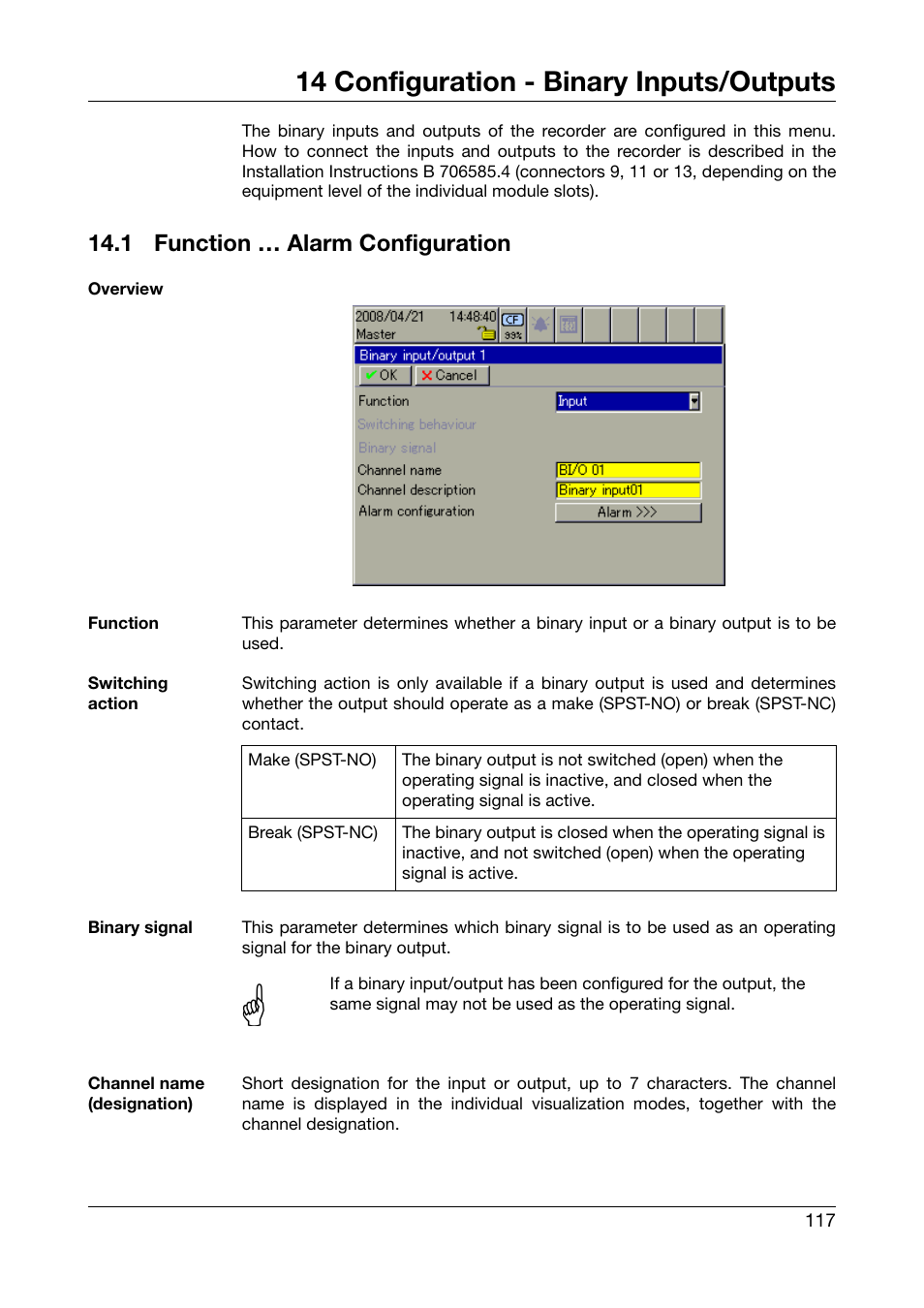 14 configuration - binary inputs/outputs, 1 function … alarm configuration, Configuration - binary inputs/outputs | Function … alarm configuration, Chapter 14 “configuration - binary inputs/outputs | JUMO 706585 LOGOSCREEN fd Operating Manual User Manual | Page 117 / 228