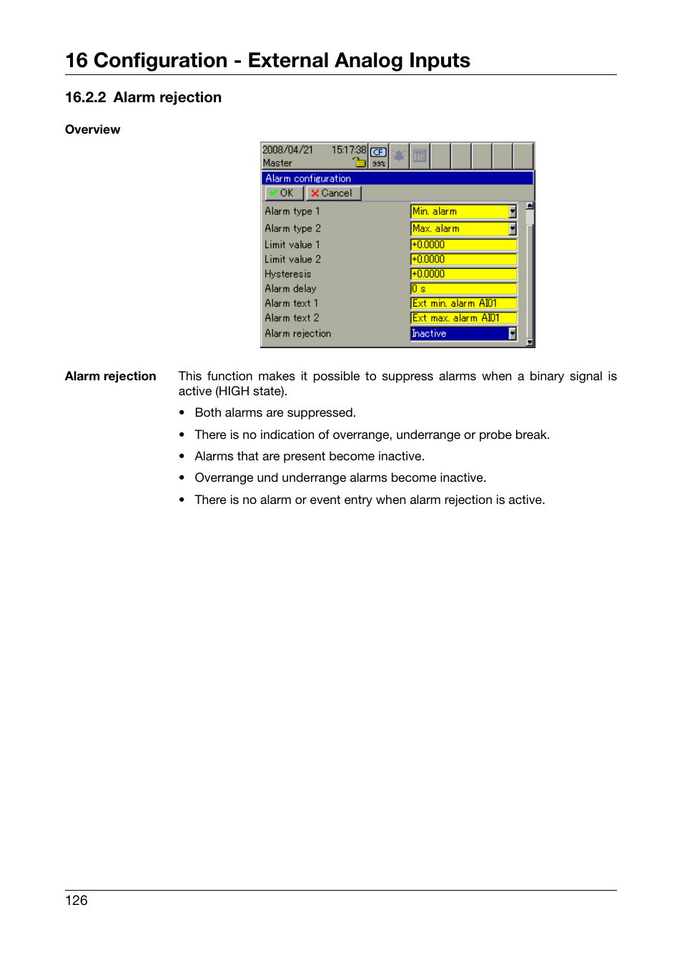 2 alarm rejection, 16 configuration - external analog inputs | JUMO 706585 LOGOSCREEN fd Operating Manual User Manual | Page 126 / 228