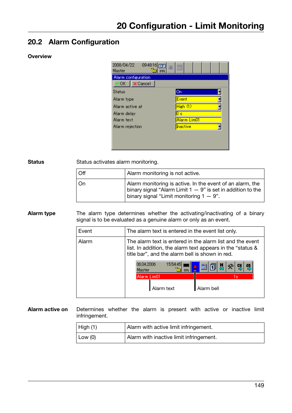 2 alarm configuration, Alarm configuration, Chapter 20.2 “alarm configuration | 20 configuration - limit monitoring | JUMO 706585 LOGOSCREEN fd Operating Manual User Manual | Page 149 / 228