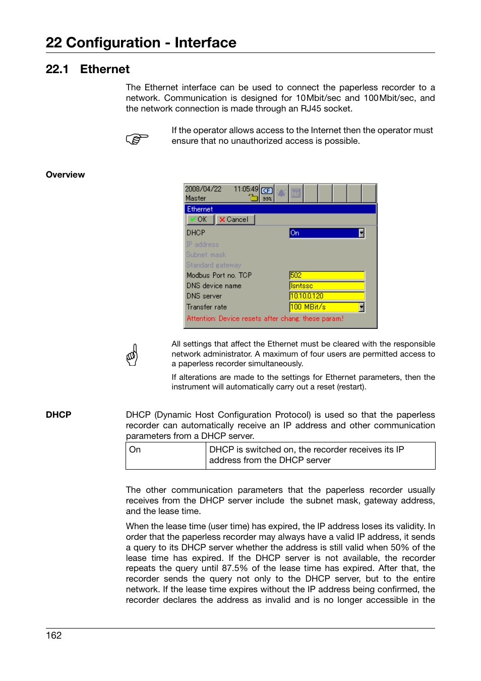 1 ethernet, Ethernet, 22 configuration - interface | JUMO 706585 LOGOSCREEN fd Operating Manual User Manual | Page 162 / 228