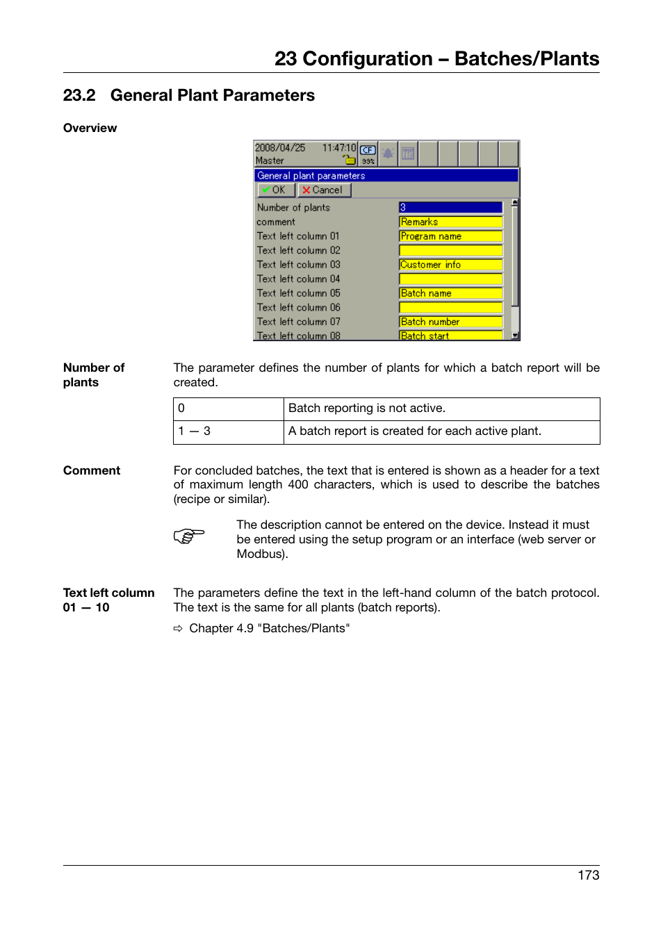 2 general plant parameters, General plant parameters, 23 configuration – batches/plants | JUMO 706585 LOGOSCREEN fd Operating Manual User Manual | Page 173 / 228