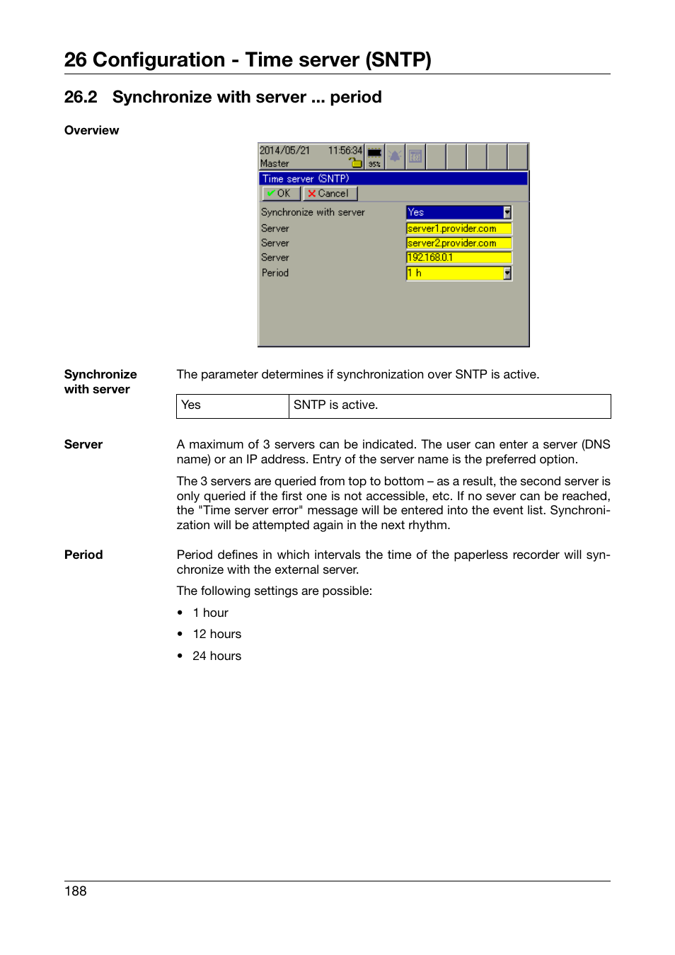 2 synchronize with server ... period, Synchronize with server ... period, 26 configuration - time server (sntp) | JUMO 706585 LOGOSCREEN fd Operating Manual User Manual | Page 188 / 228