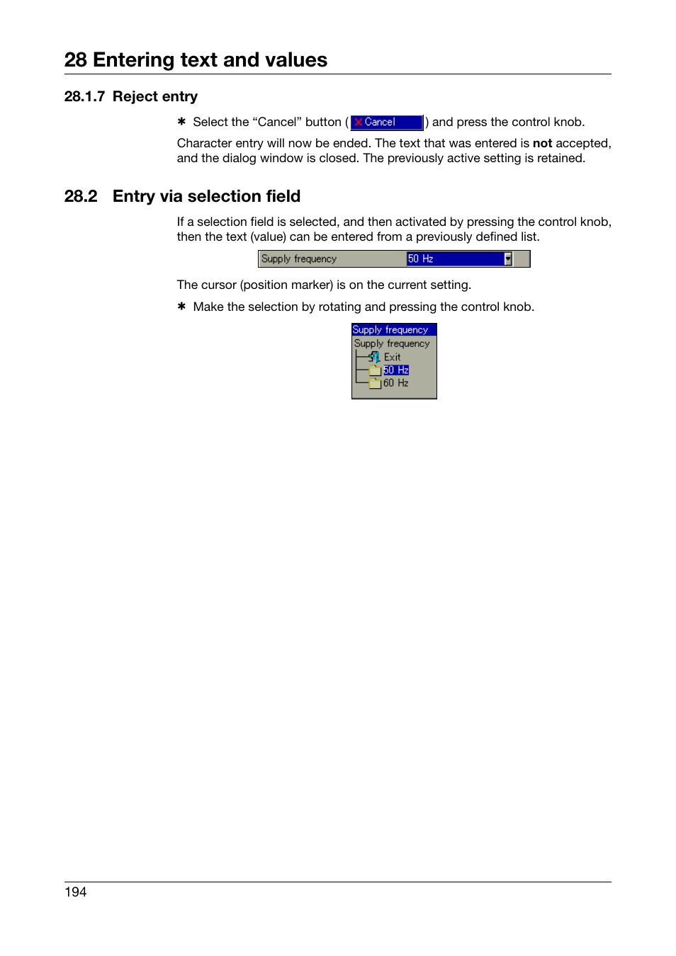 7 reject entry, 2 entry via selection field, Entry via selection field | 28 entering text and values | JUMO 706585 LOGOSCREEN fd Operating Manual User Manual | Page 194 / 228