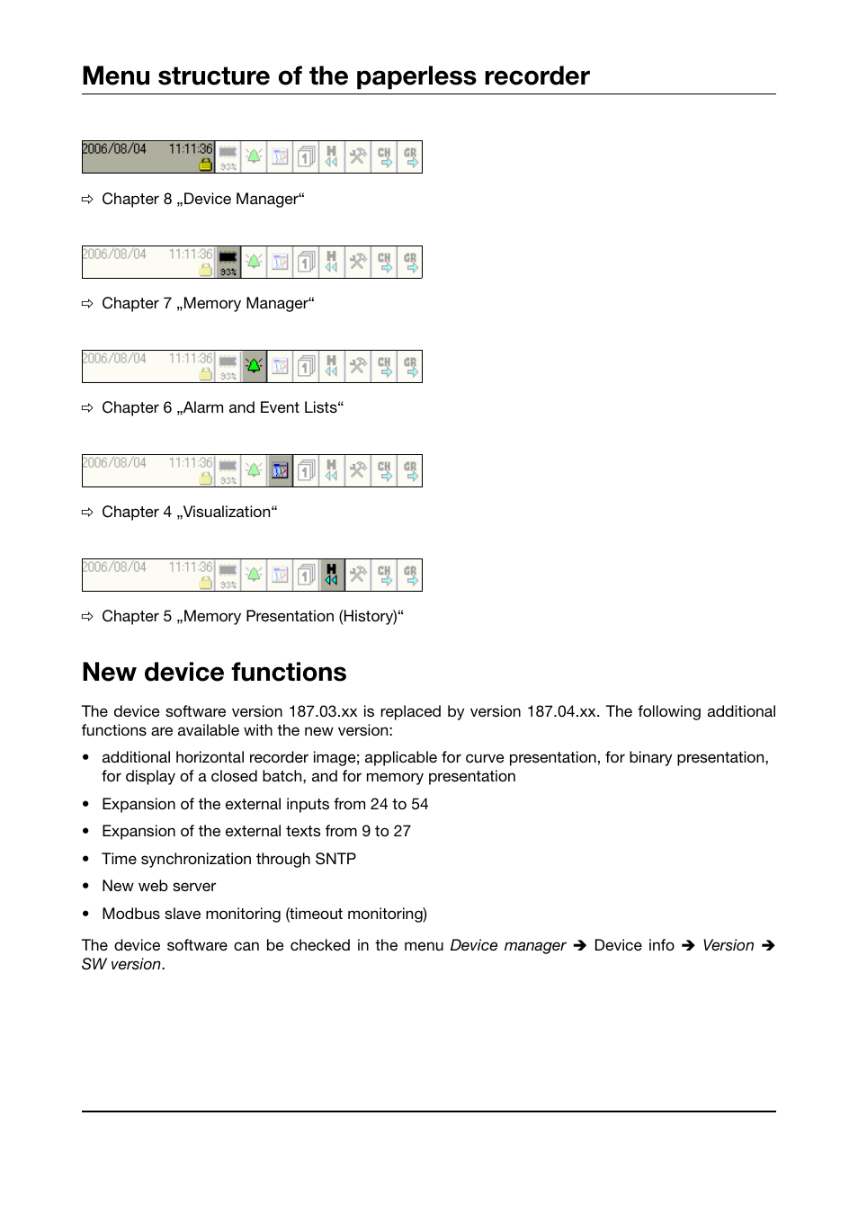 Menu structure of the paperless recorder, New device functions | JUMO 706585 LOGOSCREEN fd Operating Manual User Manual | Page 2 / 228