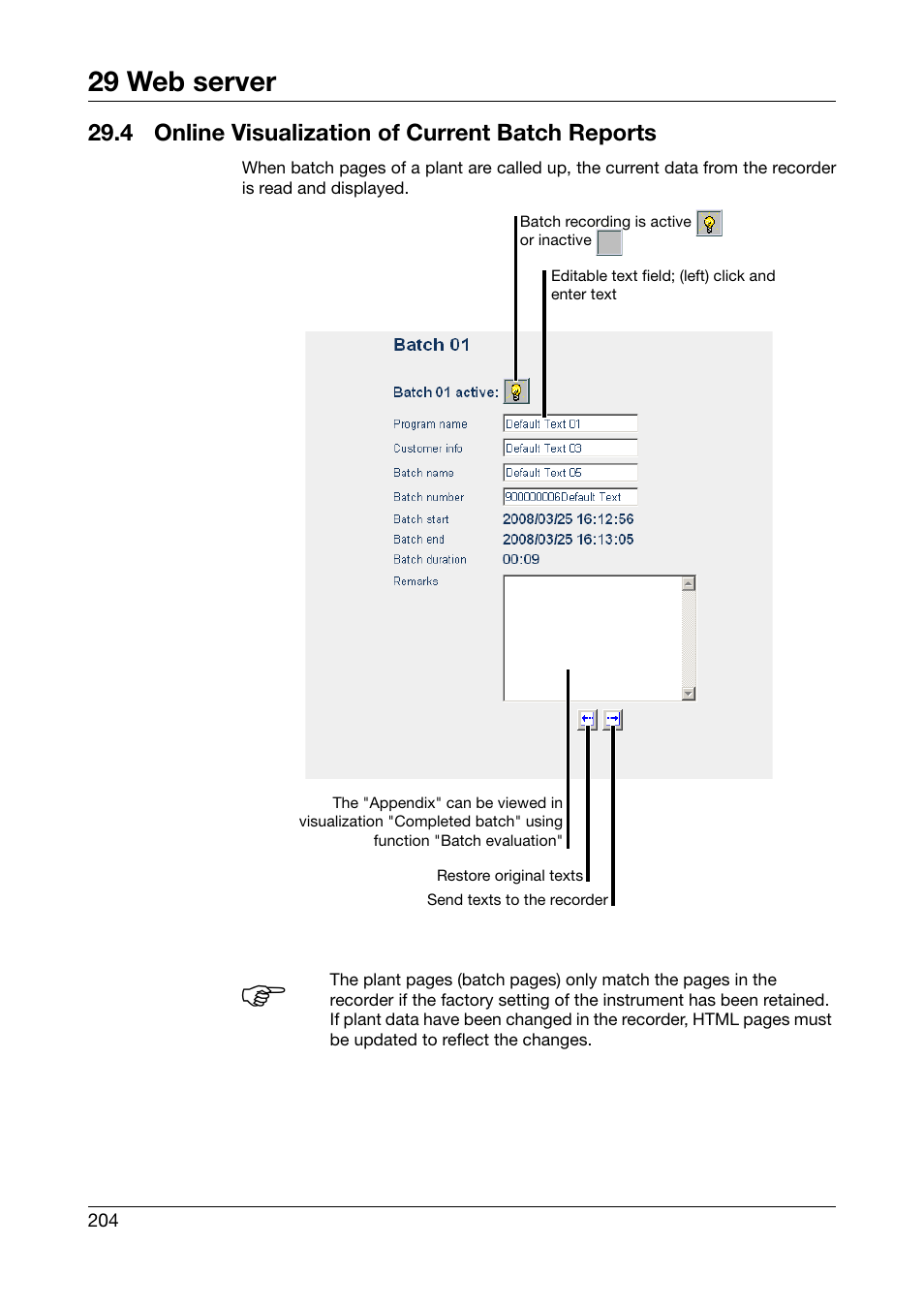 4 online visualization of current batch reports, Online visualization of current batch reports, Chapter 29.4 | 29 web server | JUMO 706585 LOGOSCREEN fd Operating Manual User Manual | Page 204 / 228