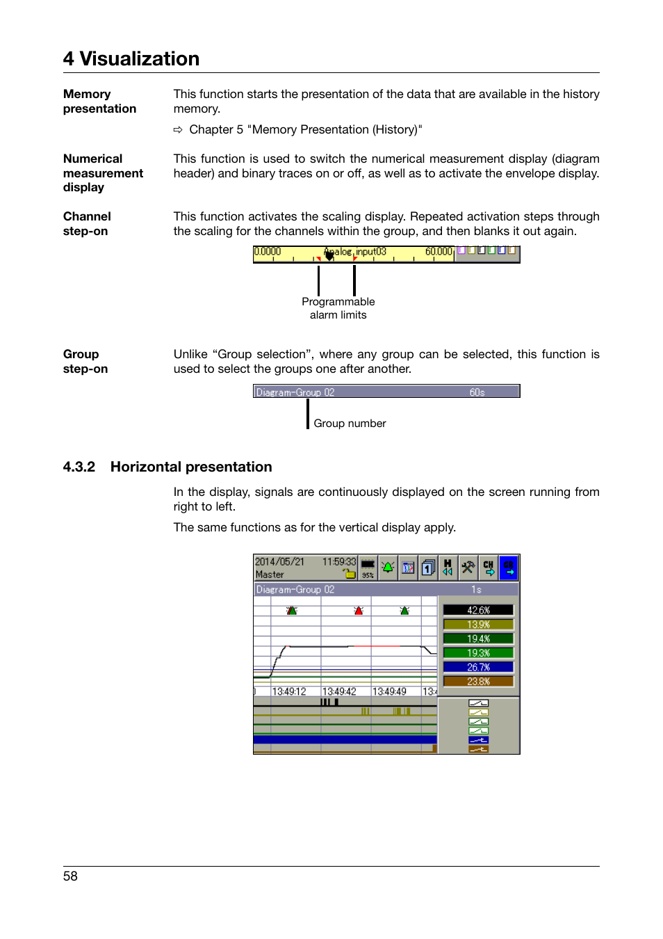 2 horizontal presentation, Horizontal presentation, See “numerical measurement display | 4 visualization | JUMO 706585 LOGOSCREEN fd Operating Manual User Manual | Page 58 / 228