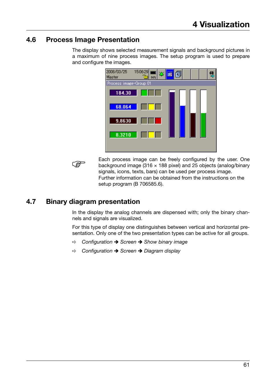 6 process image presentation, 7 binary diagram presentation, Process image presentation | Binary diagram presentation, Chapter 4.6, Chapter 4.7, 4 visualization | JUMO 706585 LOGOSCREEN fd Operating Manual User Manual | Page 61 / 228