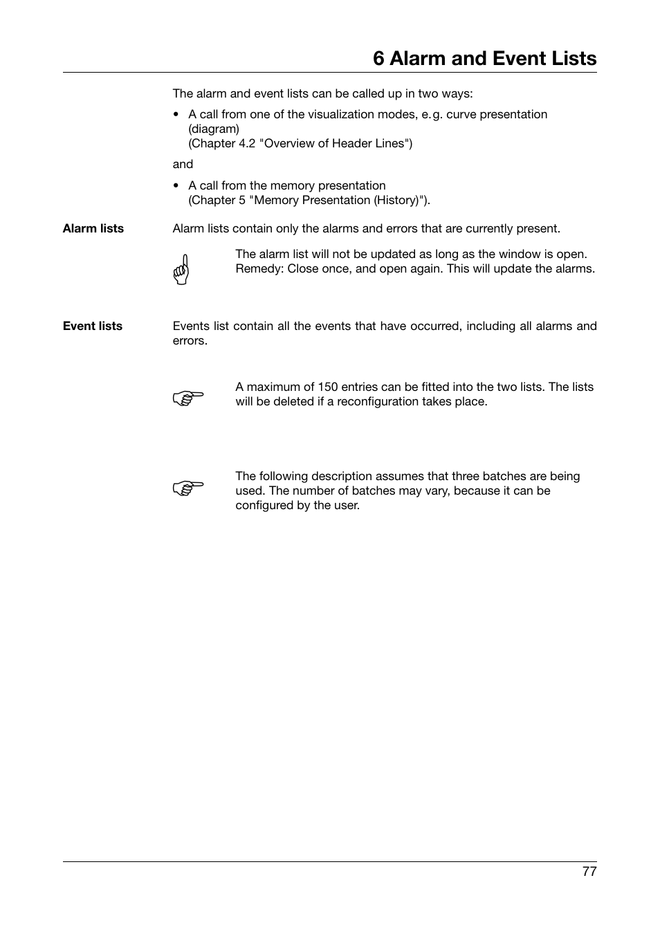 6 alarm and event lists, Chapter 6 „alarm and event lists, Alarm and event lists | Chapter 6 | JUMO 706585 LOGOSCREEN fd Operating Manual User Manual | Page 77 / 228