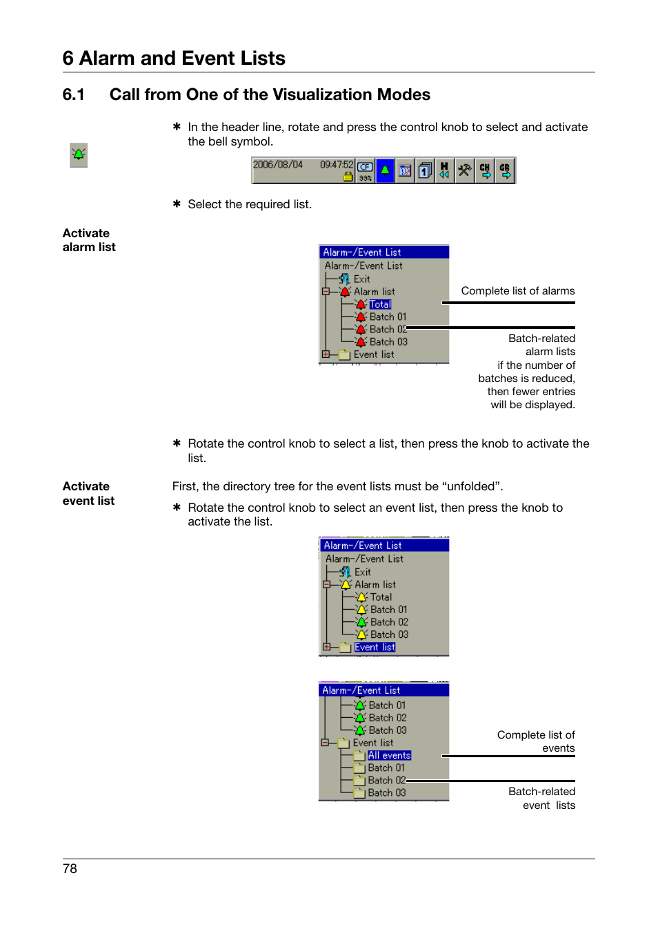 1 call from one of the visualization modes, Call from one of the visualization modes, 6 alarm and event lists | JUMO 706585 LOGOSCREEN fd Operating Manual User Manual | Page 78 / 228