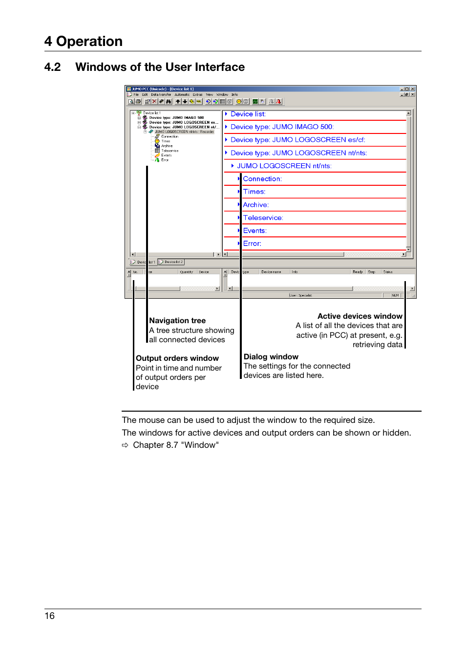 2 windows of the user interface, Windows of the user interface, 4 operation | JUMO PCA Communications Software PCC (B 70.9702.0) User Manual | Page 16 / 98