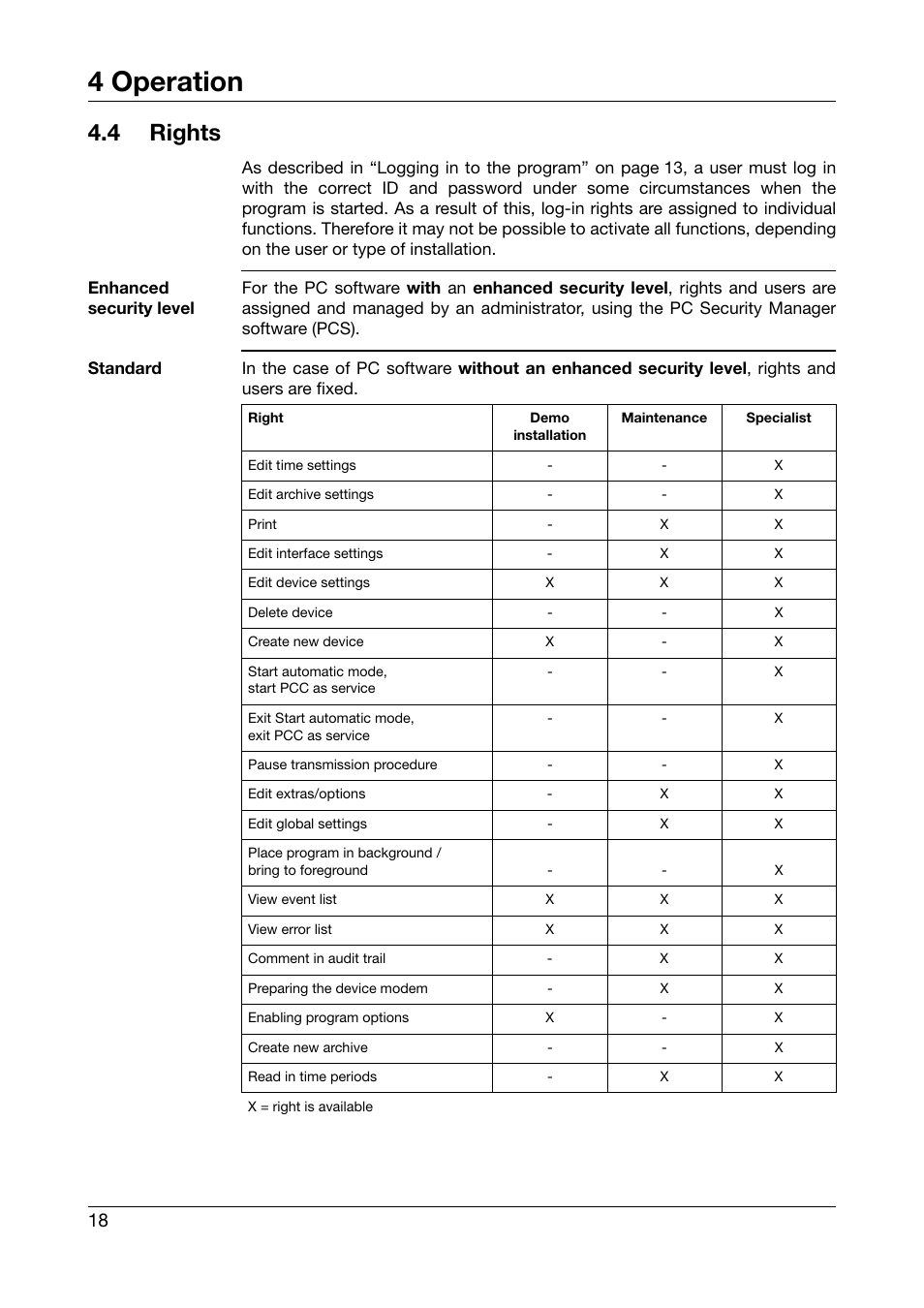 4 rights, Rights, 4 operation | JUMO PCA Communications Software PCC (B 70.9702.0) User Manual | Page 18 / 98