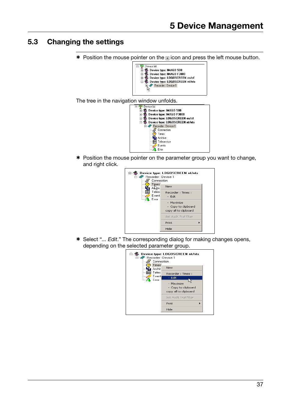 3 changing the settings, Changing the settings, 5 device management | JUMO PCA Communications Software PCC (B 70.9702.0) User Manual | Page 37 / 98