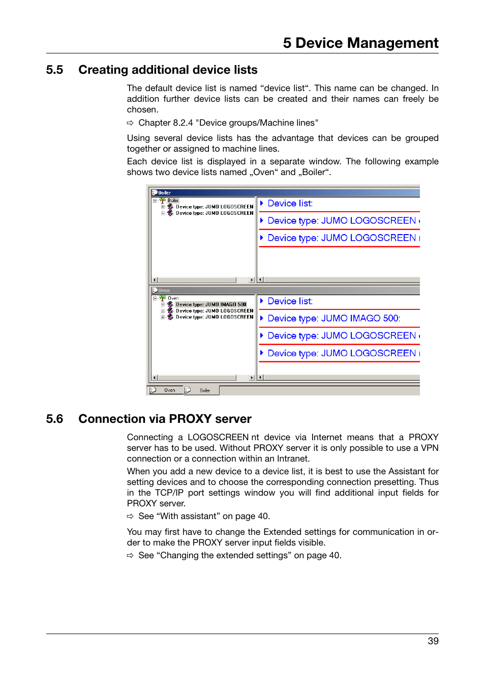 5 creating additional device lists, 6 connection via proxy server, Creating additional device lists | Connection via proxy server, 5 device management | JUMO PCA Communications Software PCC (B 70.9702.0) User Manual | Page 39 / 98