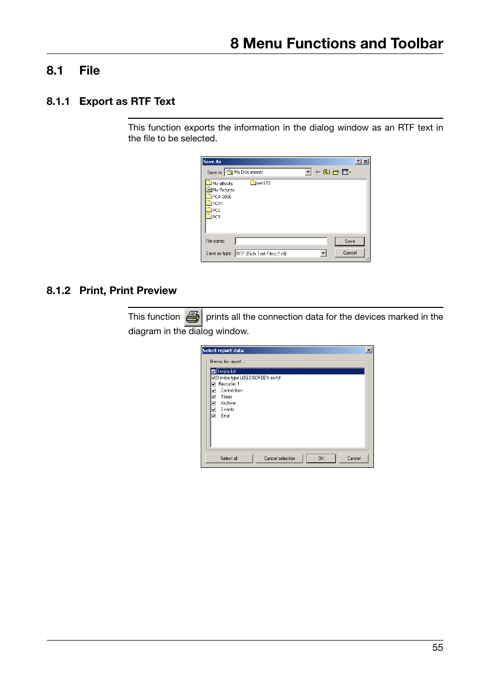 8 menu functions and toolbar, 1 file, 1 export as rtf text | 2 print, print preview, Menu functions and toolbar, File, Export as rtf text, Print, print preview | JUMO PCA Communications Software PCC (B 70.9702.0) User Manual | Page 55 / 98